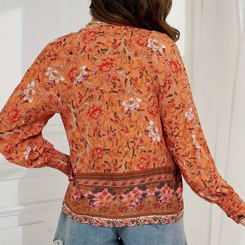 Boho Floral Print Lantern Sleeve Tie Front Blouse - Picture 3 of 11